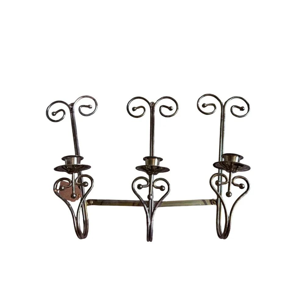 Vintage Gold Tone Metal Triple Wall Sconce Scroll Heart Candelabra Hinged Arm